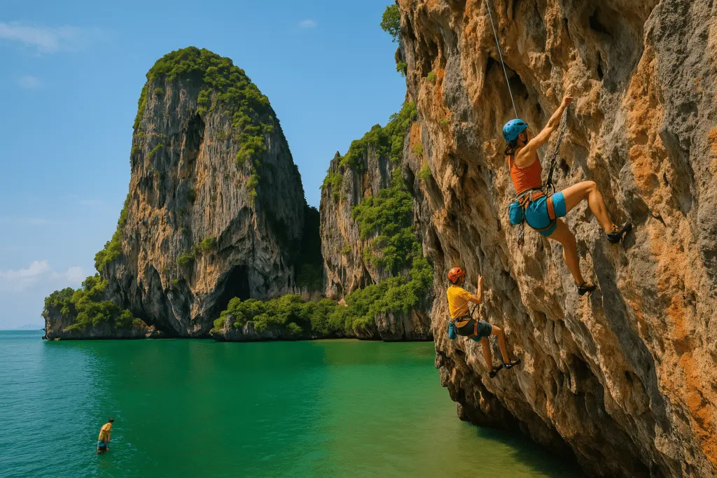 Escaladores em torres calcárias em Railay Beach, Tailândia